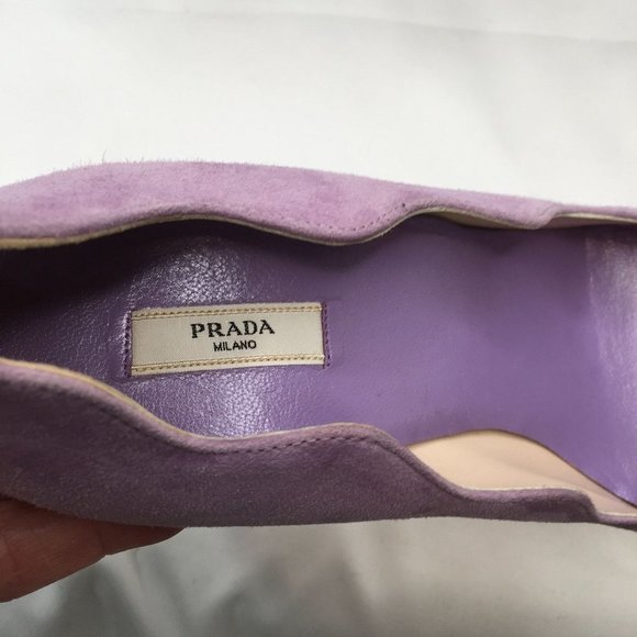 Prada Womens High Heels 38 Lavendar Suede Scalloped Edge Platform Leather Pumps - Picture 5 of 11